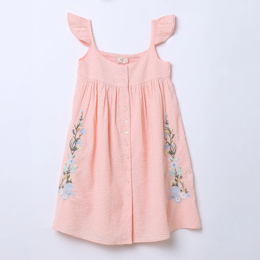 Girls Blush Floral Embroidered Cotton Seersucker Dress – Lana | ERDE India