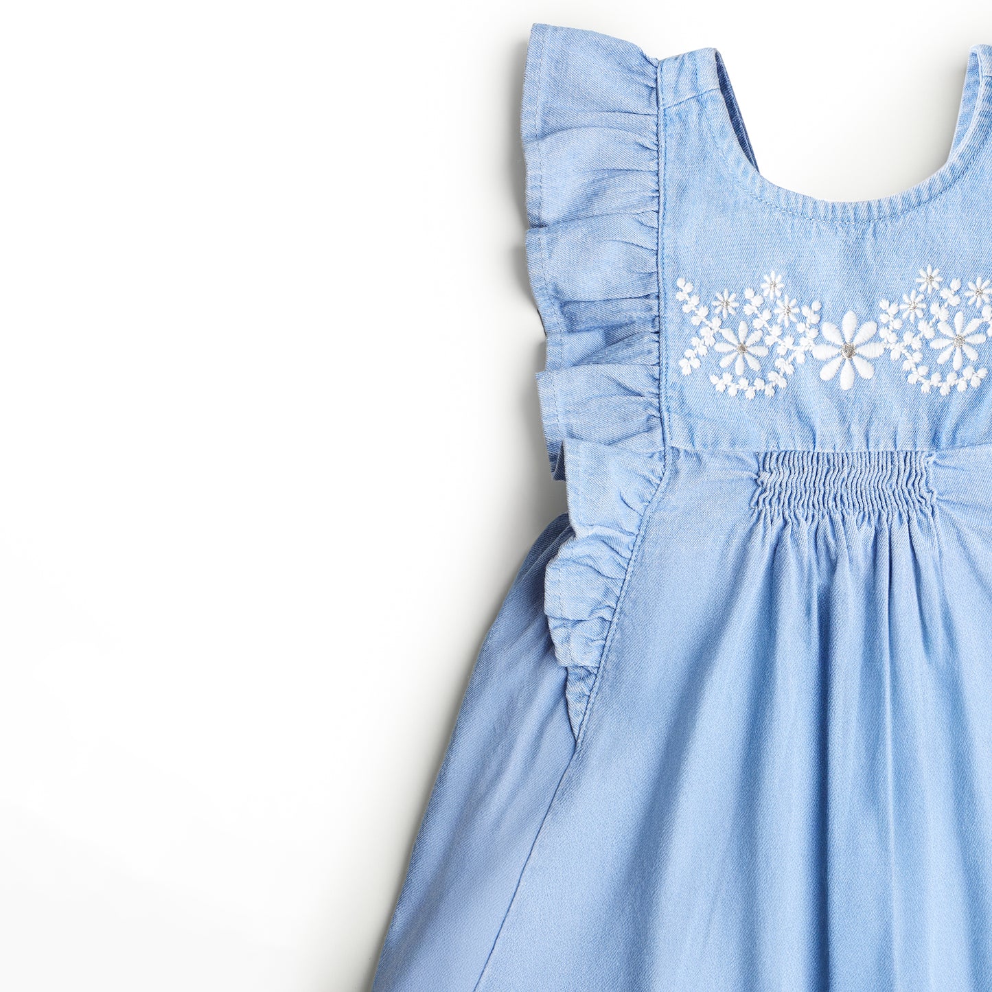 🌿 Lucy Dress – Light Blue Denim with Whisper Embroidery & a chic backline