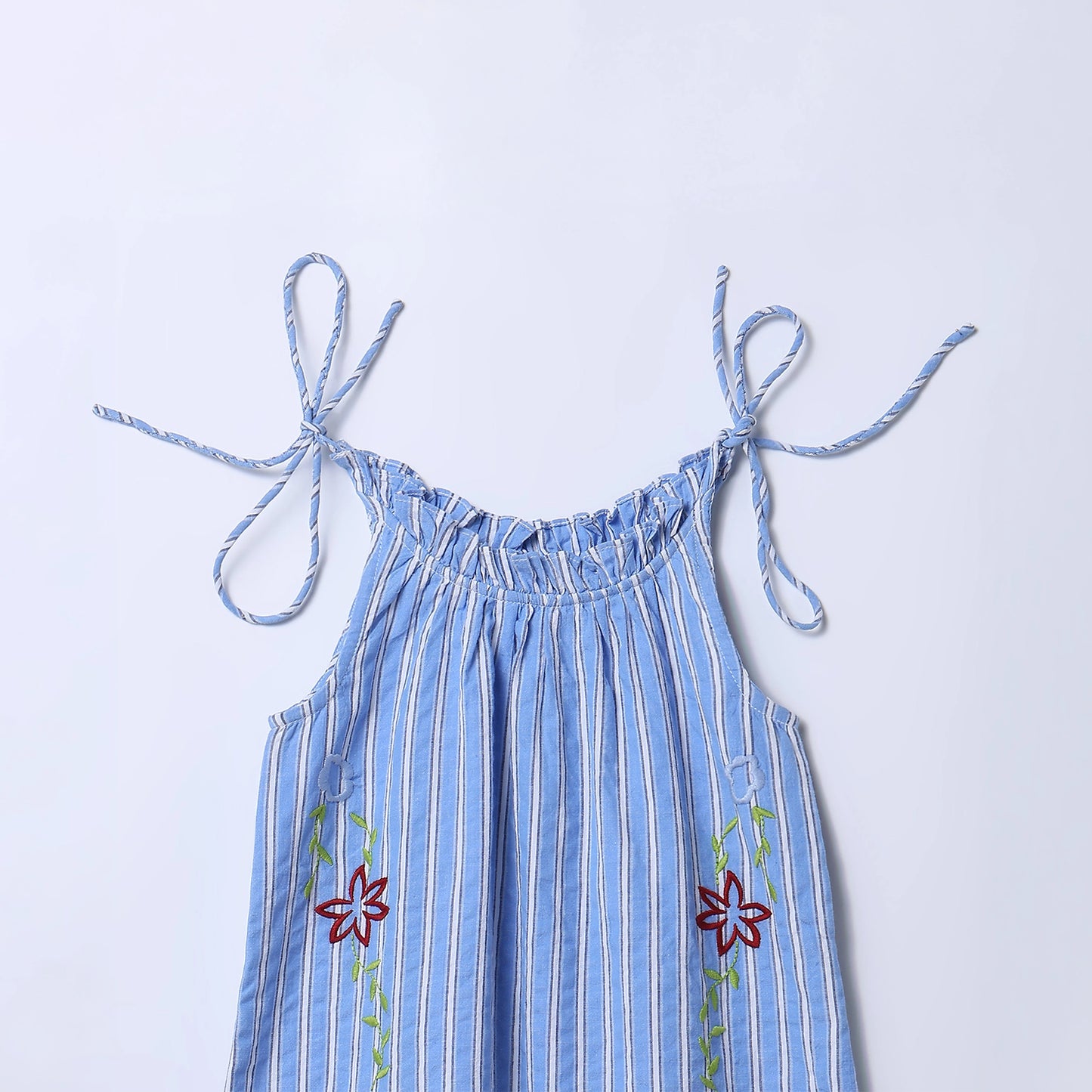 Girls Blue Striped Cotton Seersucker Embroidered Tie-Up Dress – Nina | ERDE India