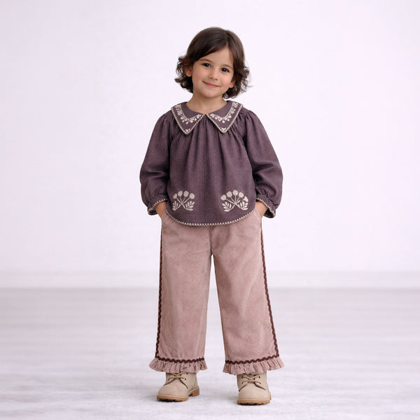 Girls soft corduroy boho frill trouser in honey peach – Ander by Erde, ages 1–6