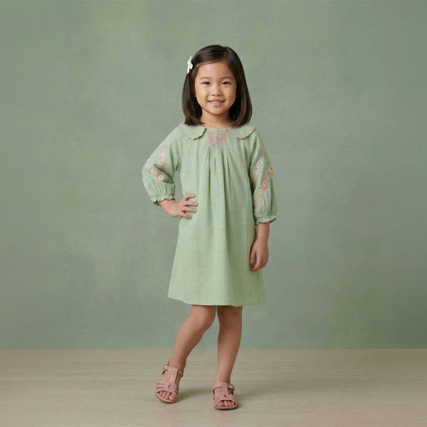 Girls handcrafted smocked cotton dobby dress with embroidered sleeves and scalloped Peter Pan collar – Andrea by Erde, ages 2–6