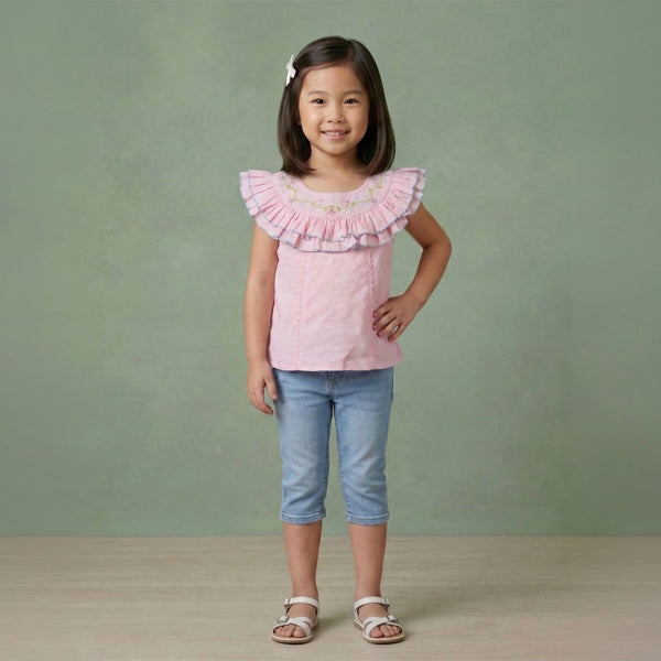 Girls embroidered ruffle collar cotton top with lace panel – Evee by Erde, ages 2–6, handmade India