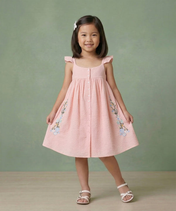 Girls blush floral embroidered cotton seersucker dress with A-line silhouette – Lana by Erde, ages 2–6