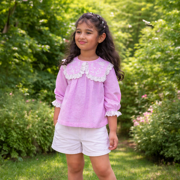 Girls pink gingham blouse with handmade embellished lace collar – Lana by Erde, ages 2–6