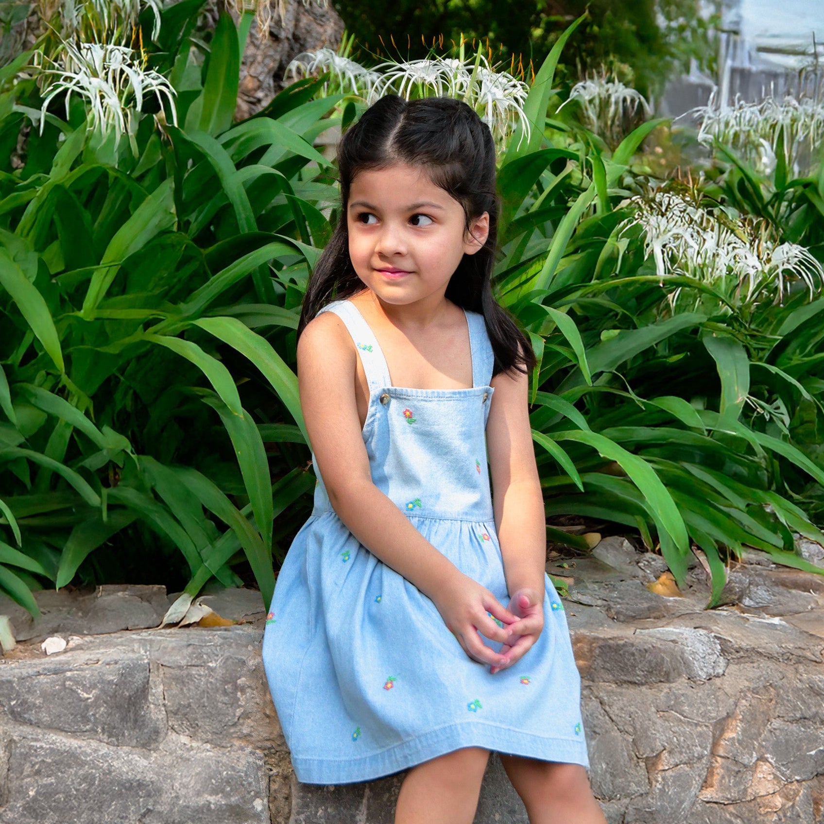 Floral Embroidered Denim Pinafore Dress | Juliet Dress  Classic Light Blue