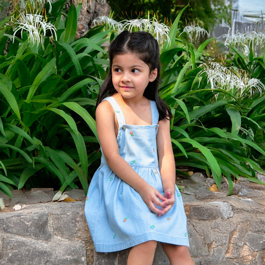 🌼 Juliet  – Classic Light Blue Floral Embroidered Denim Pinafore Dress