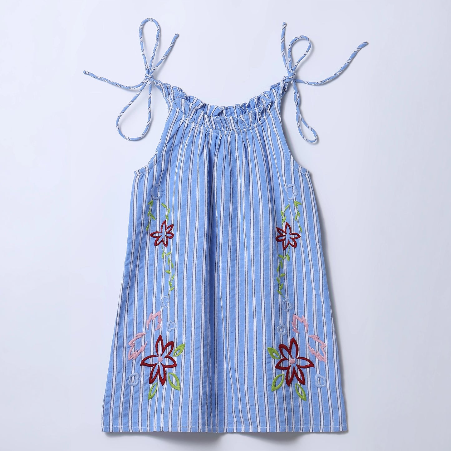 Girls Blue Striped Cotton Seersucker Embroidered Tie-Up Dress – Nina | ERDE India