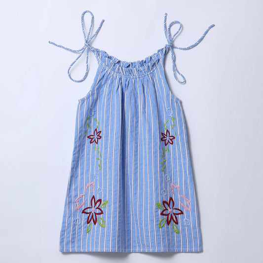 Girls Blue Striped Cotton Seersucker Embroidered Tie-Up Dress – Nina | ERDE India