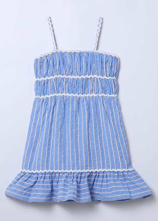 Jollie Blue Striped Smocked Cotton Dress