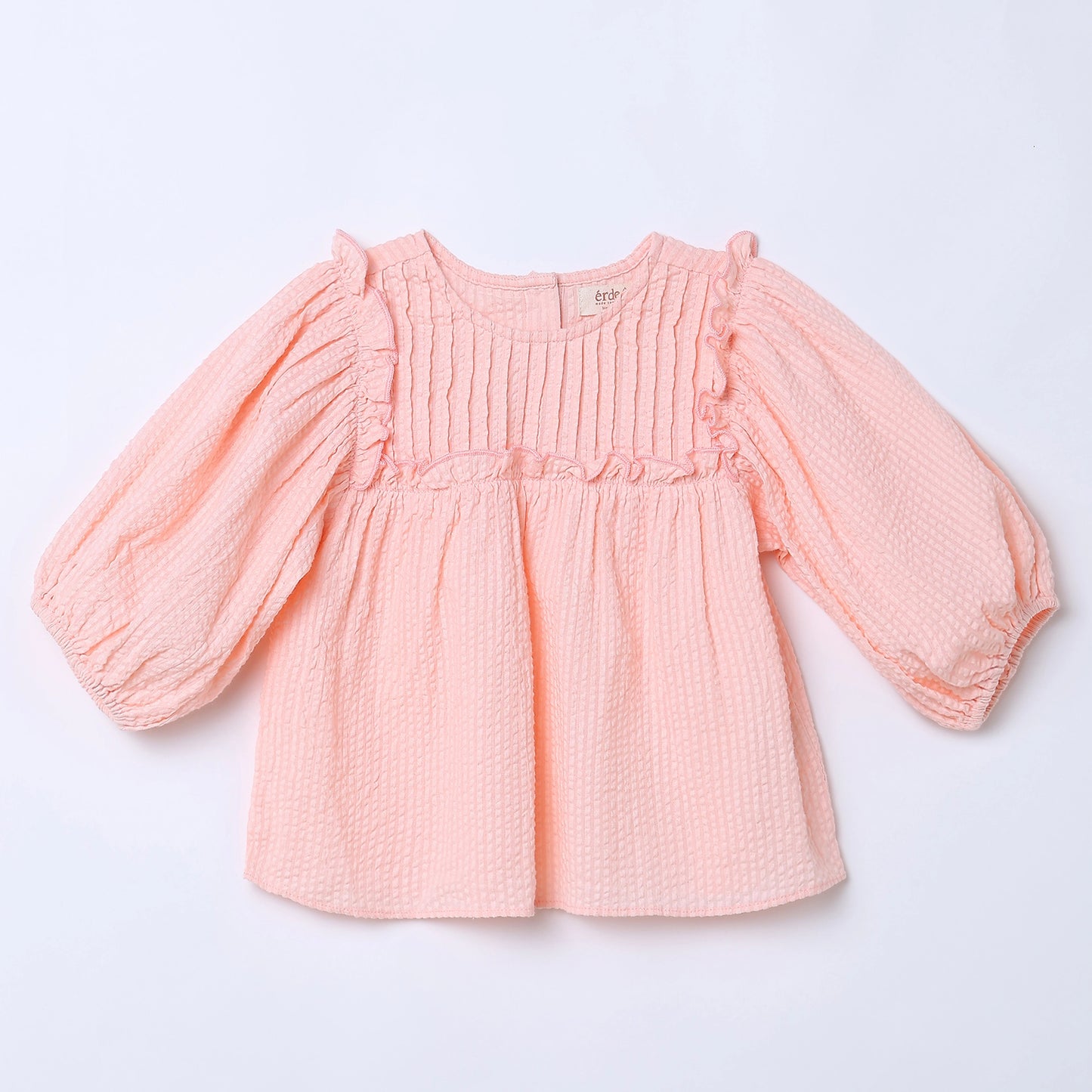 Girls Cotton Seersucker Pintuck Blouse with Ruffle Yoke – Laila | Erde