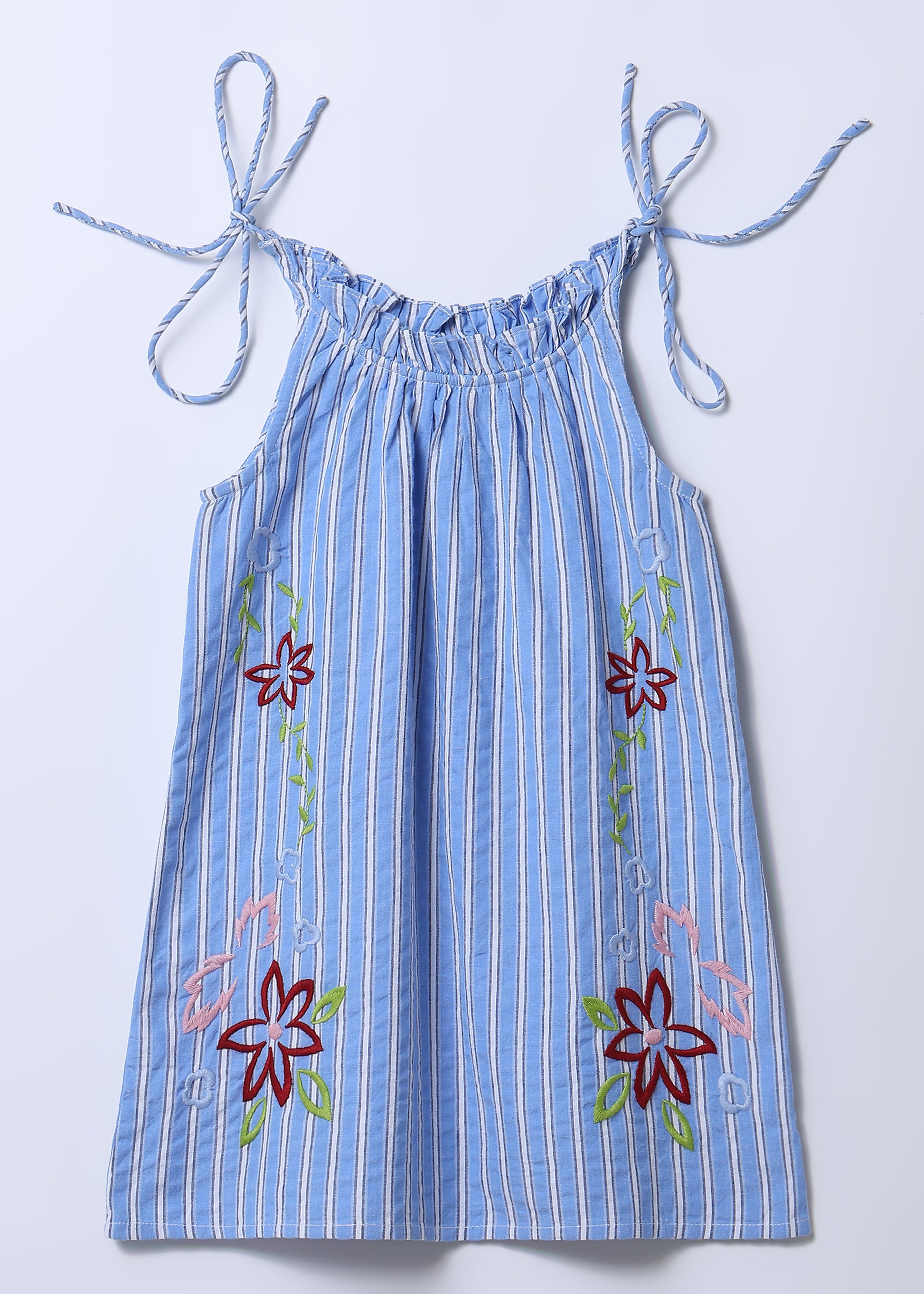 Nina Blue Striped Embroidered Tie-Up Dress – Erde