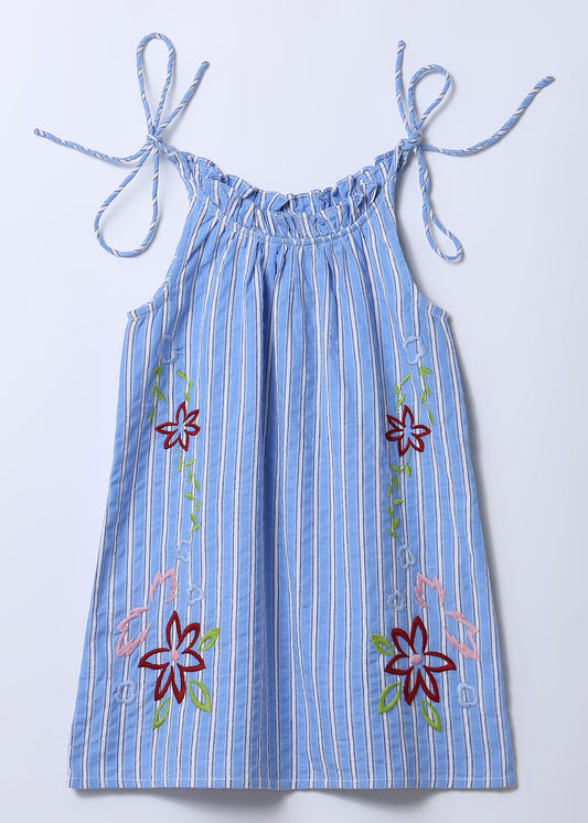 Nina Blue Striped Embroidered Tie-Up Dress