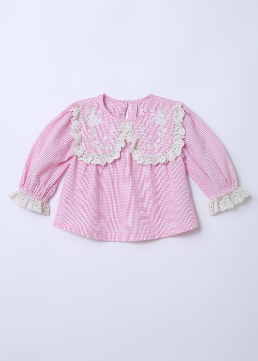 💗 Lana Blouse – Pink Gingham with Handmade Embellished collar