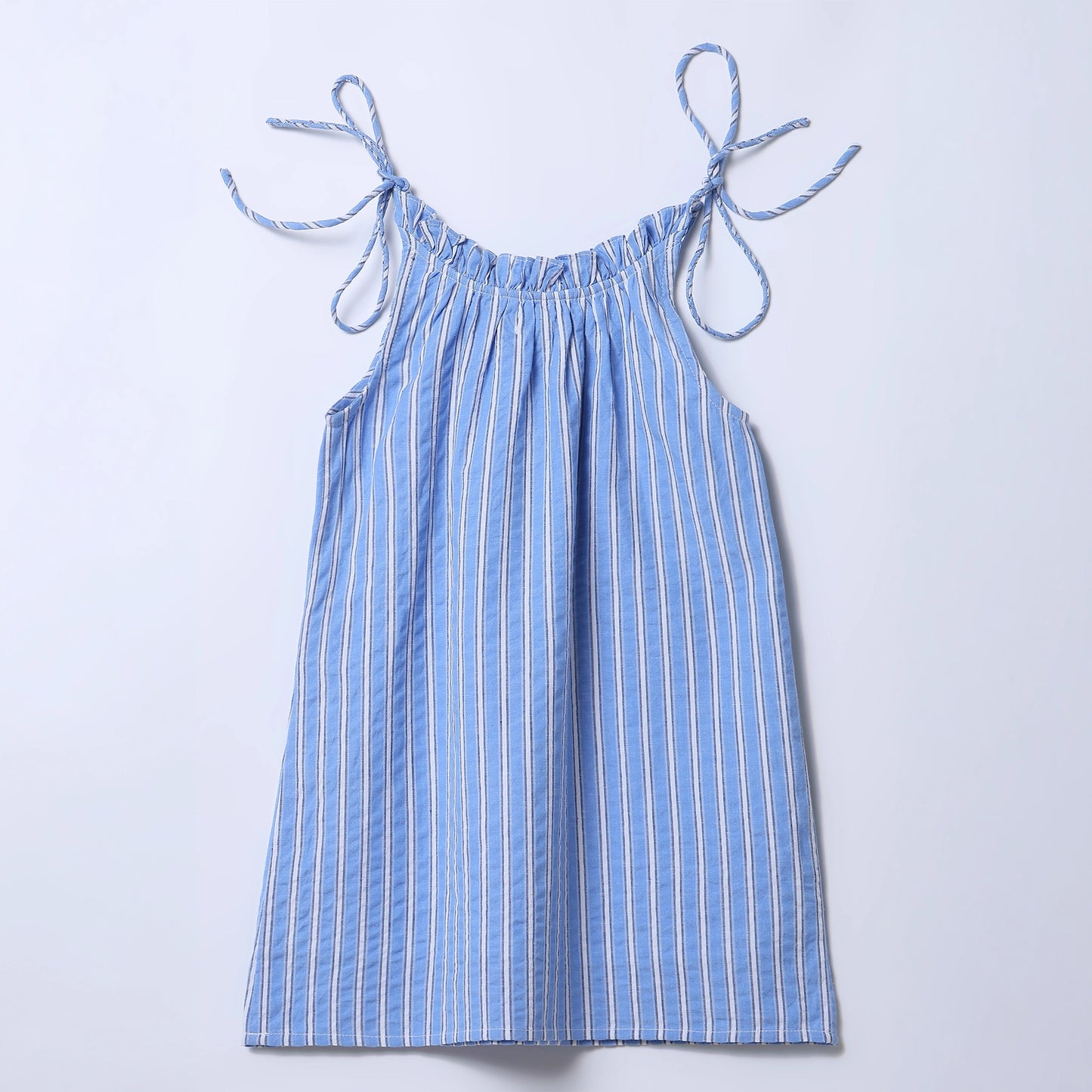 Girls Blue Striped Cotton Seersucker Embroidered Tie-Up Dress – Nina | ERDE India