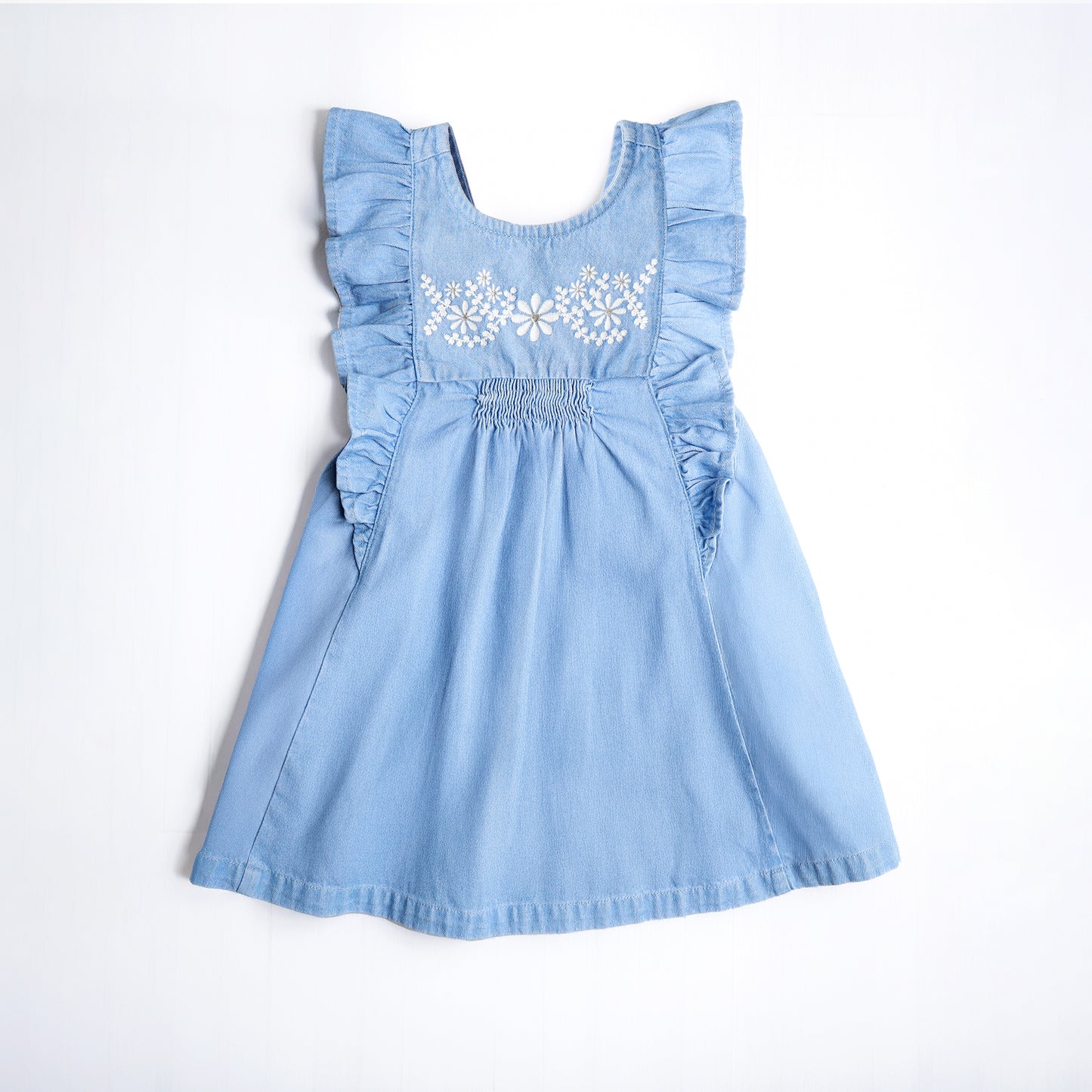 🌿 Lucy Dress – Light Blue Denim  with Whisper Embroidery & a chic backline