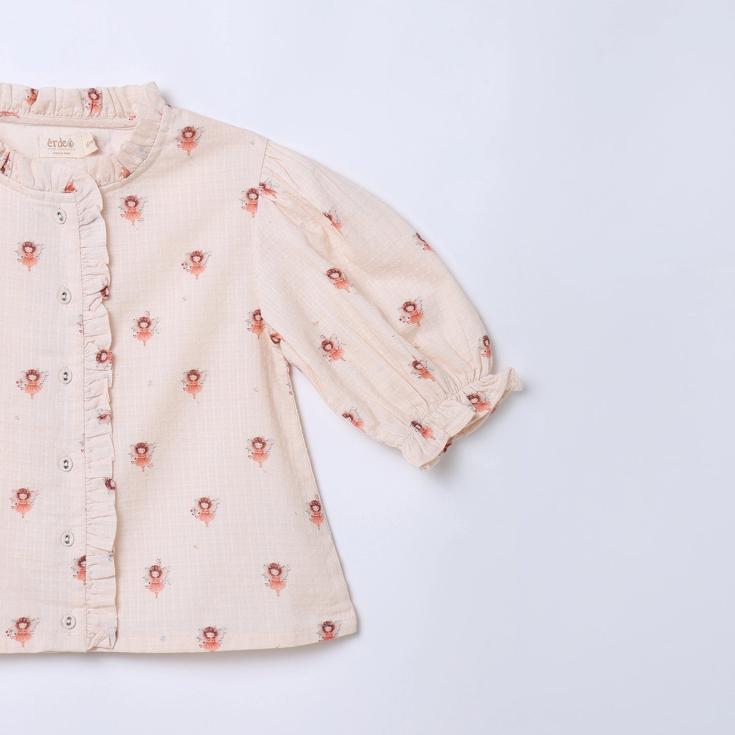 Girls Fairy Print Cotton Dobby Blouse with Puff Sleeves | Erde India