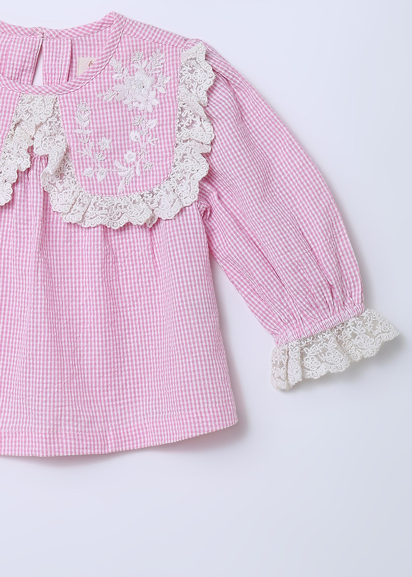 💗 Lana Blouse – Pink Gingham with Handmade Embellished collar