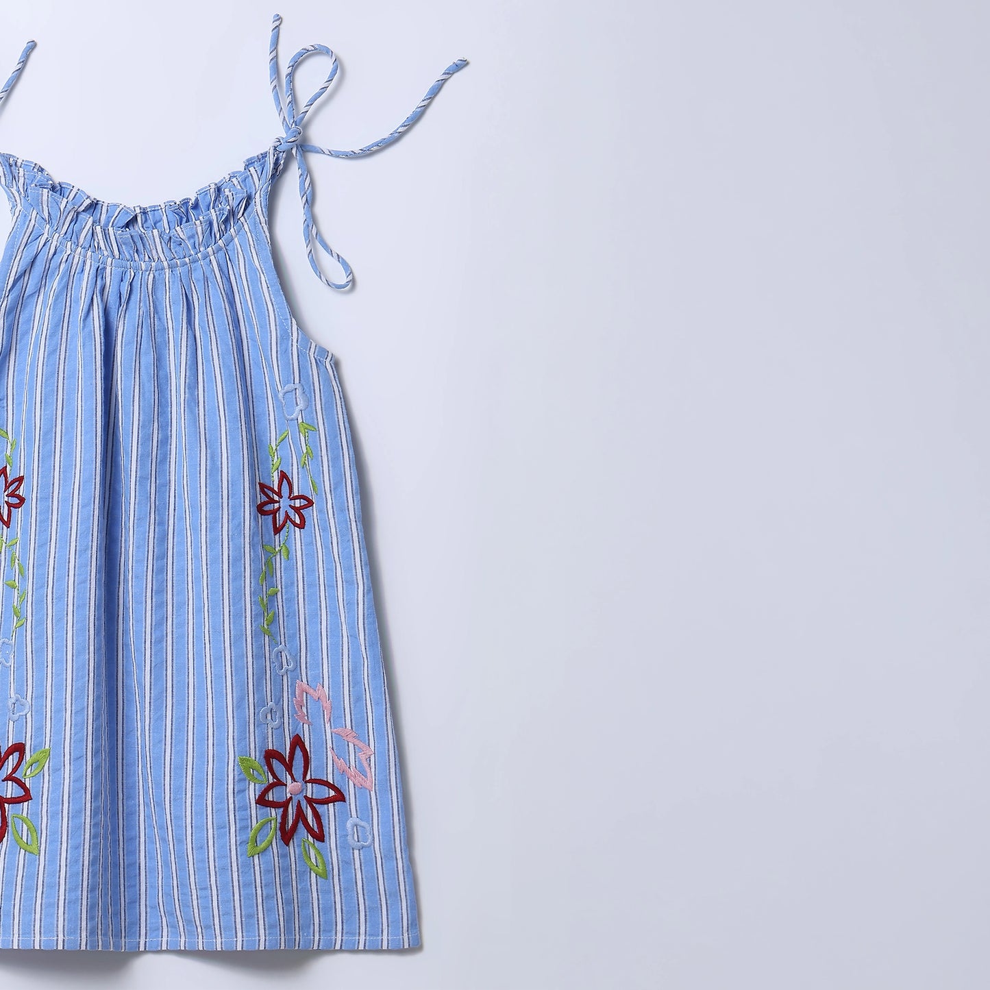 Girls Blue Striped Cotton Seersucker Embroidered Tie-Up Dress – Nina | ERDE India