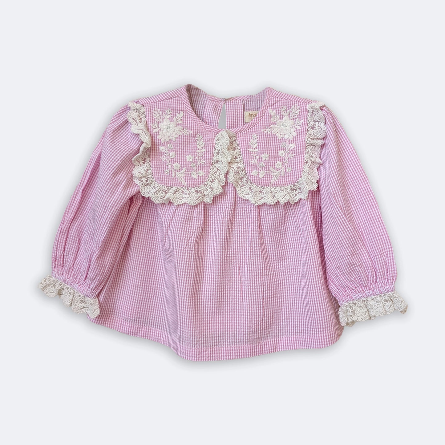 Girls Pink Gingham Blouse with Embellished Lace Collar – Lana | ERDE India