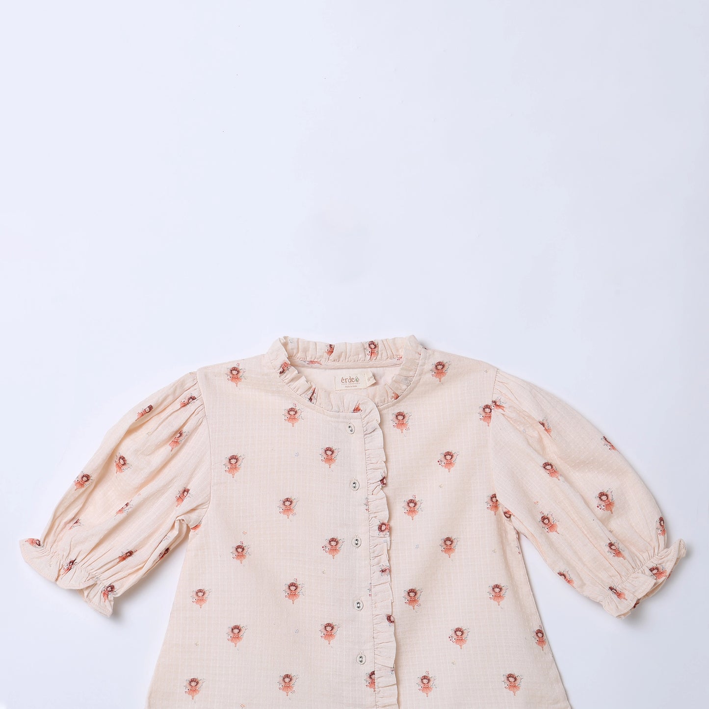 Girls Fairy Print Cotton Dobby Blouse with Puff Sleeves | Erde India