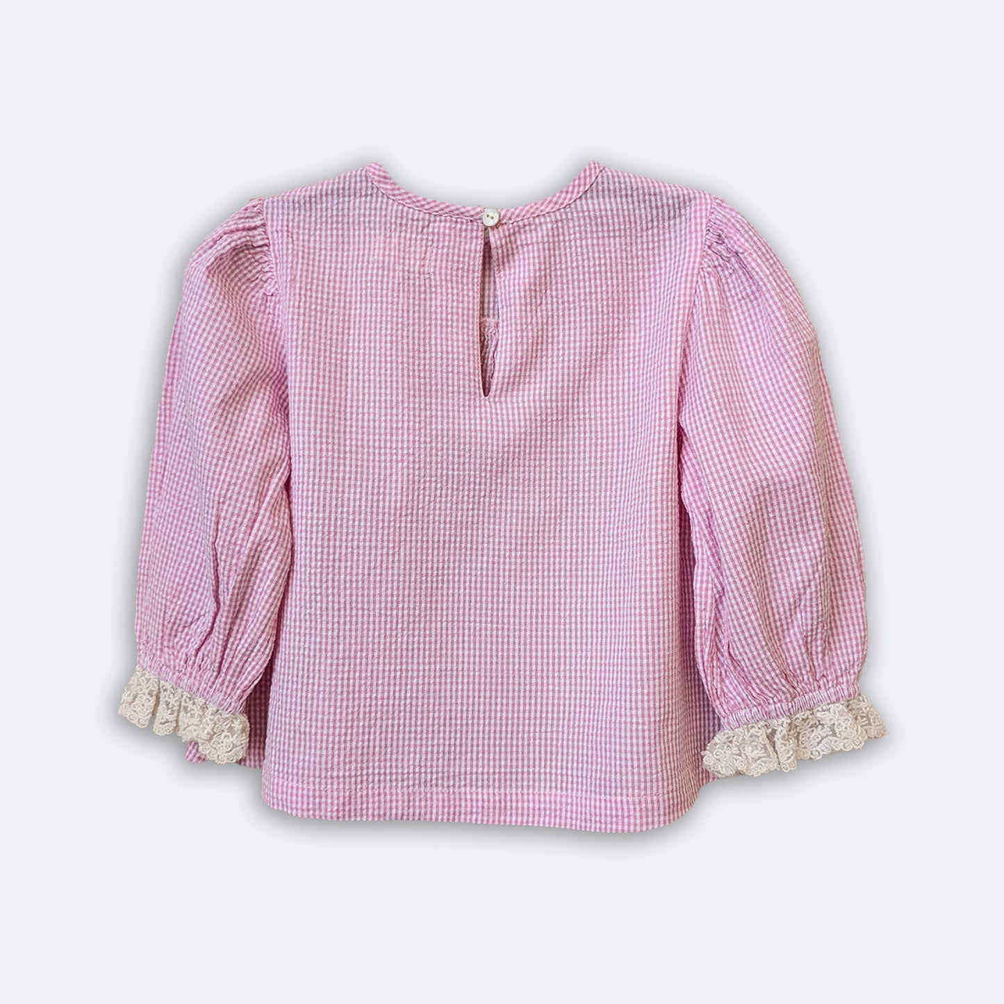 Girls Pink Gingham Blouse with Embellished Lace Collar – Lana | ERDE India