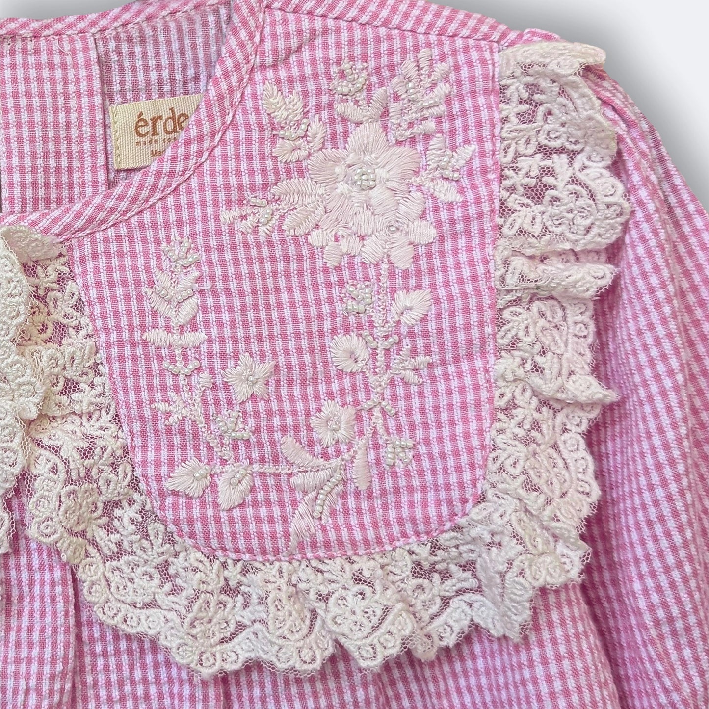 Girls Pink Gingham Blouse with Embellished Lace Collar – Lana | ERDE India
