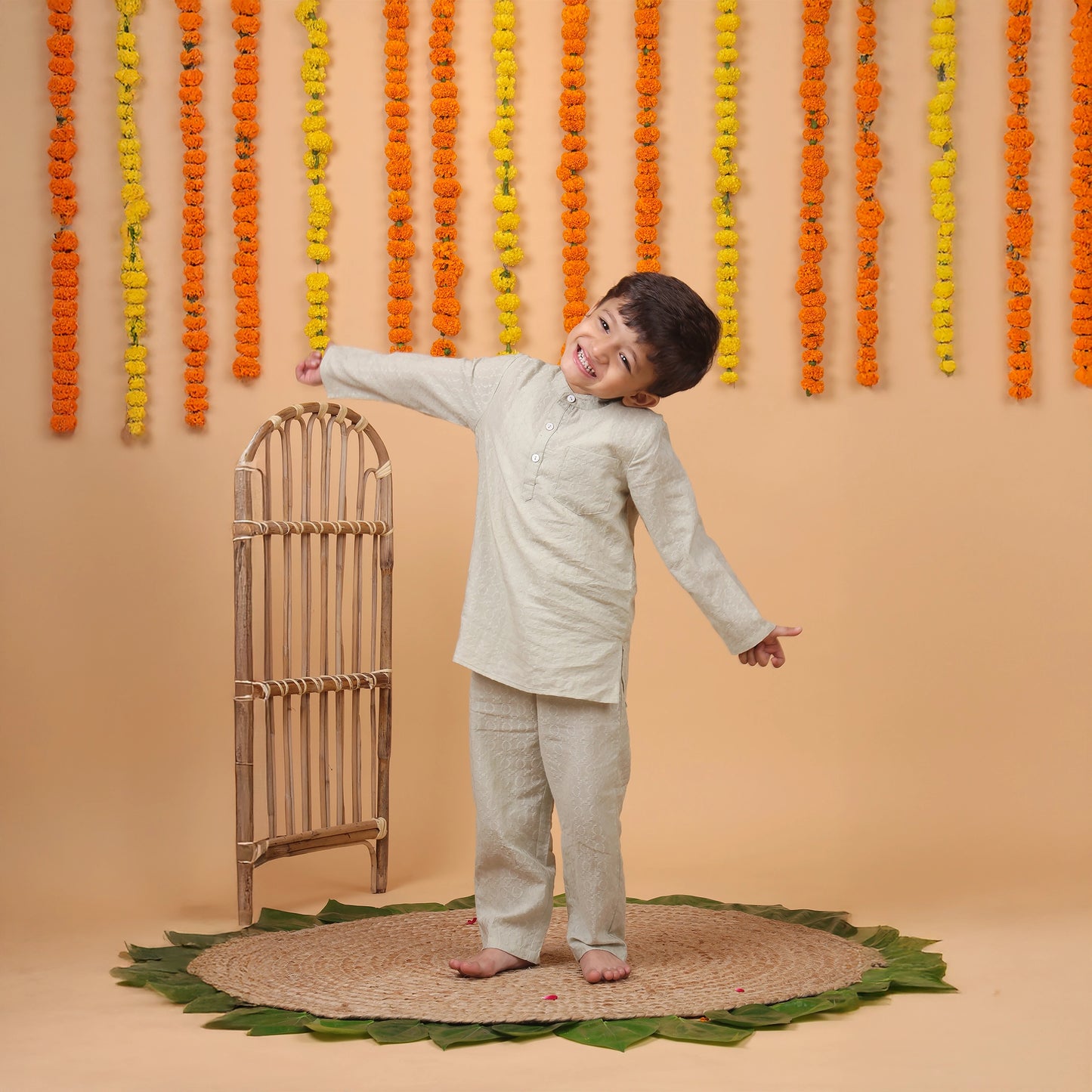 Pistachio Co-ord Set – Embroidered Cotton with Mandarin Collar