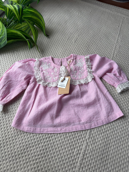 💗 Lana Blouse – Pink Gingham with Handmade Embellished collar