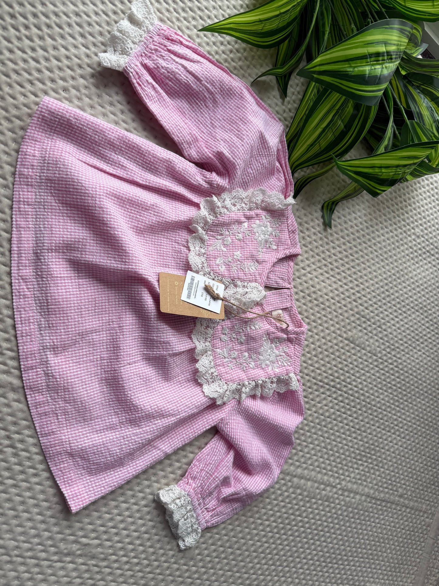 💗 Lana Blouse – Pink Gingham with Handmade Embellished collar