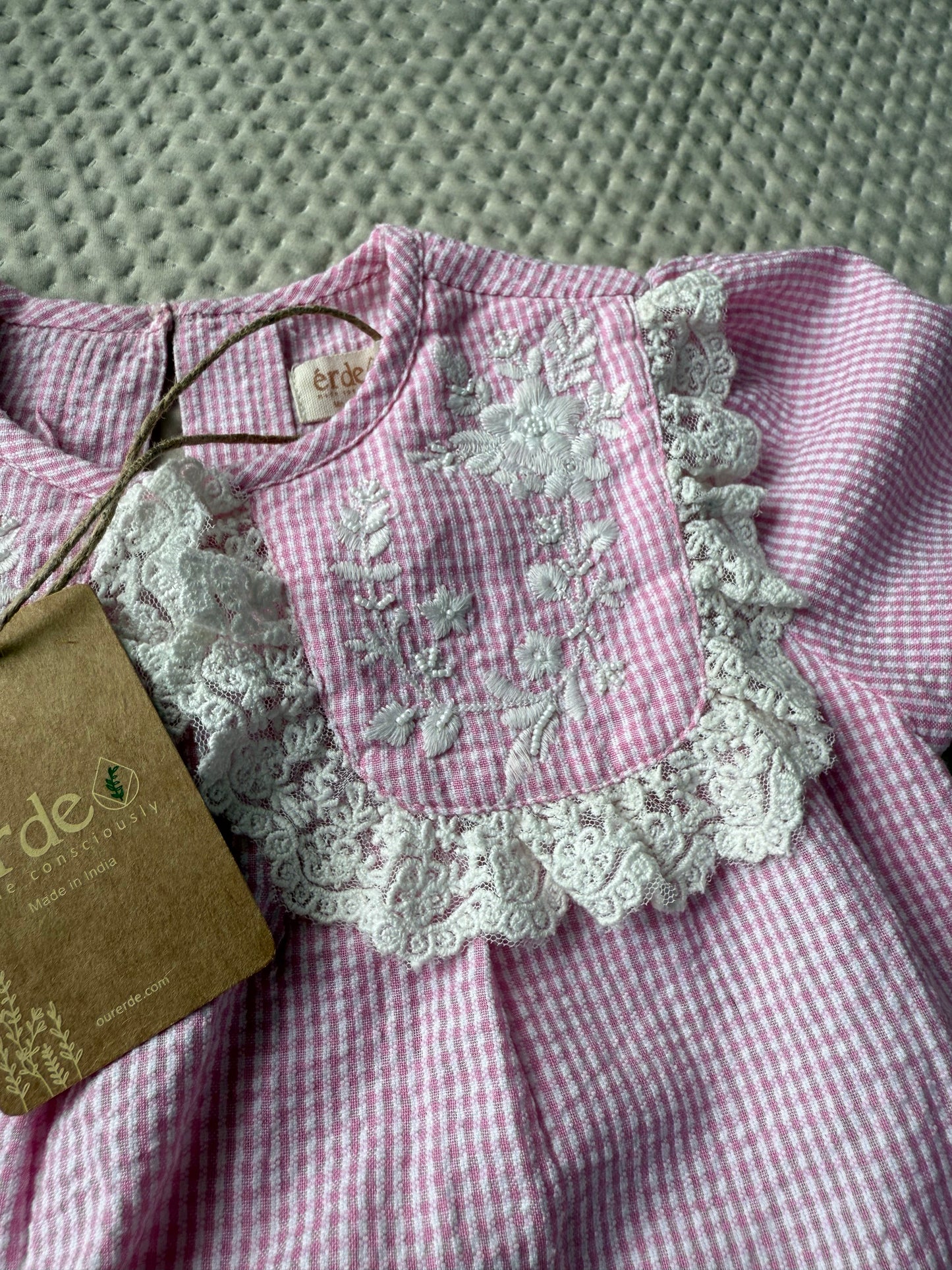 💗 Lana Blouse – Pink Gingham with Handmade Embellished collar