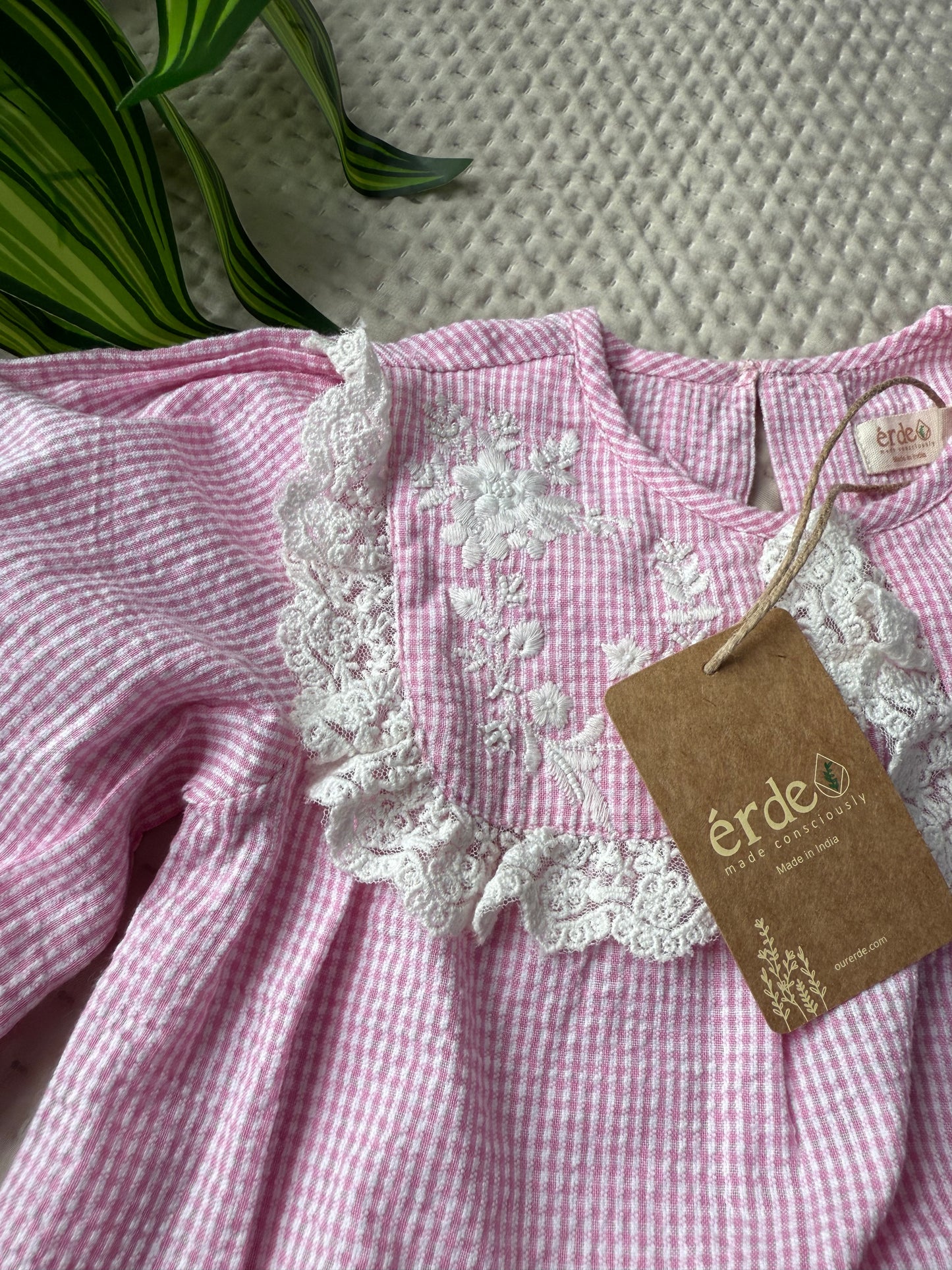 💗 Lana Blouse – Pink Gingham with Handmade Embellished collar