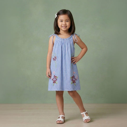 Nina Blue Striped Embroidered Tie-Up Dress