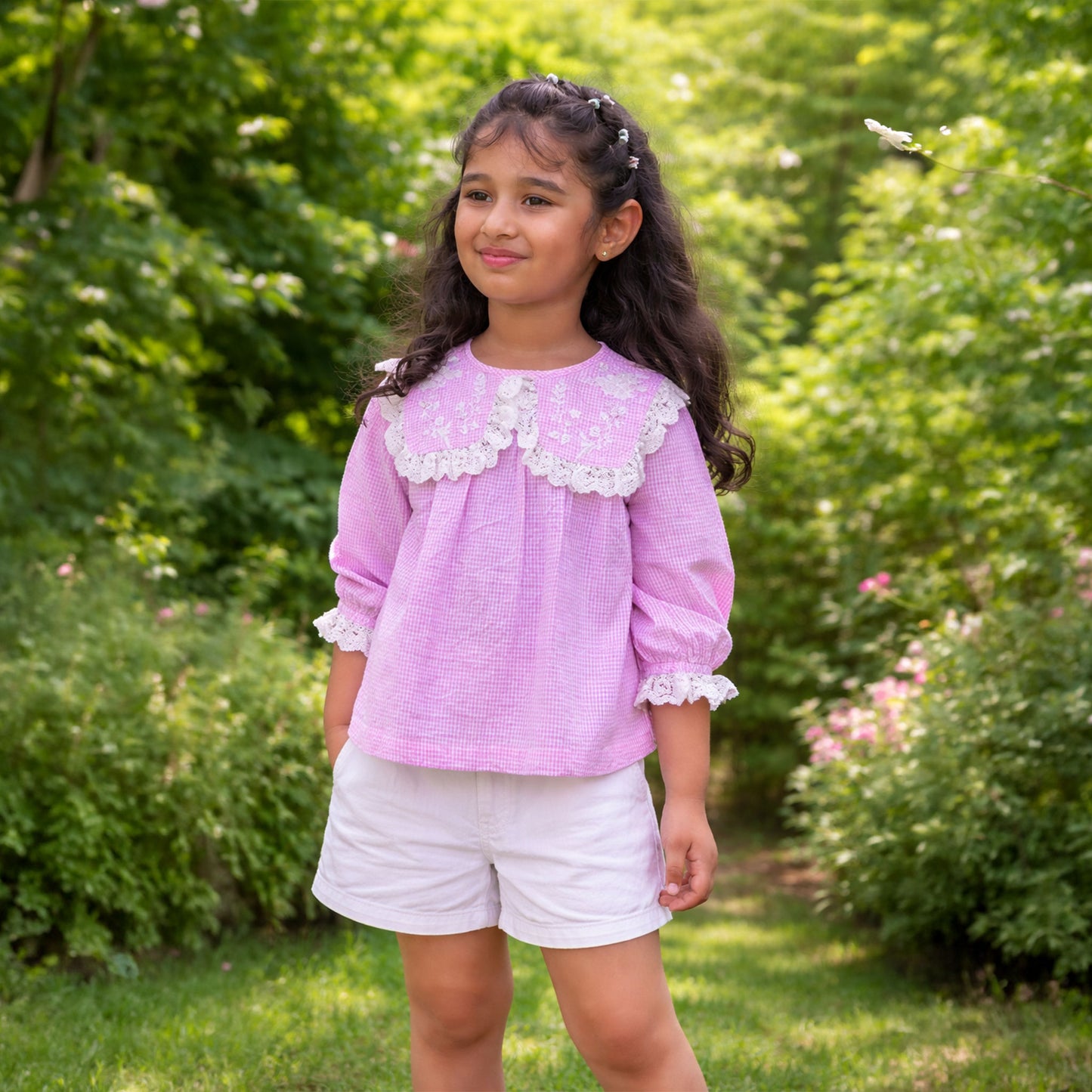 💗 Lana Blouse – Pink Gingham with Handmade Embellished collar