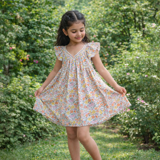🌸 Sophie Dress – In Floral Blooming Print with decorative piccoting edge