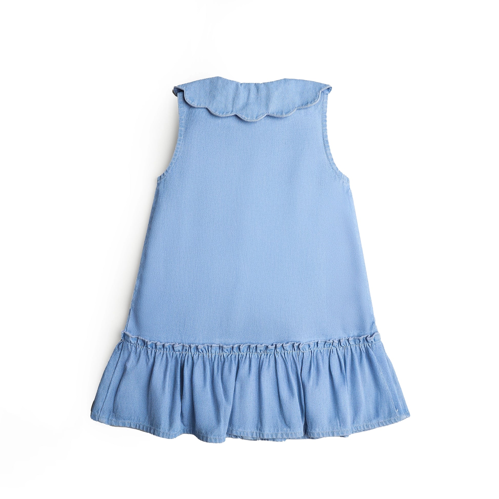 Light blue dress with ruffled details on a white background