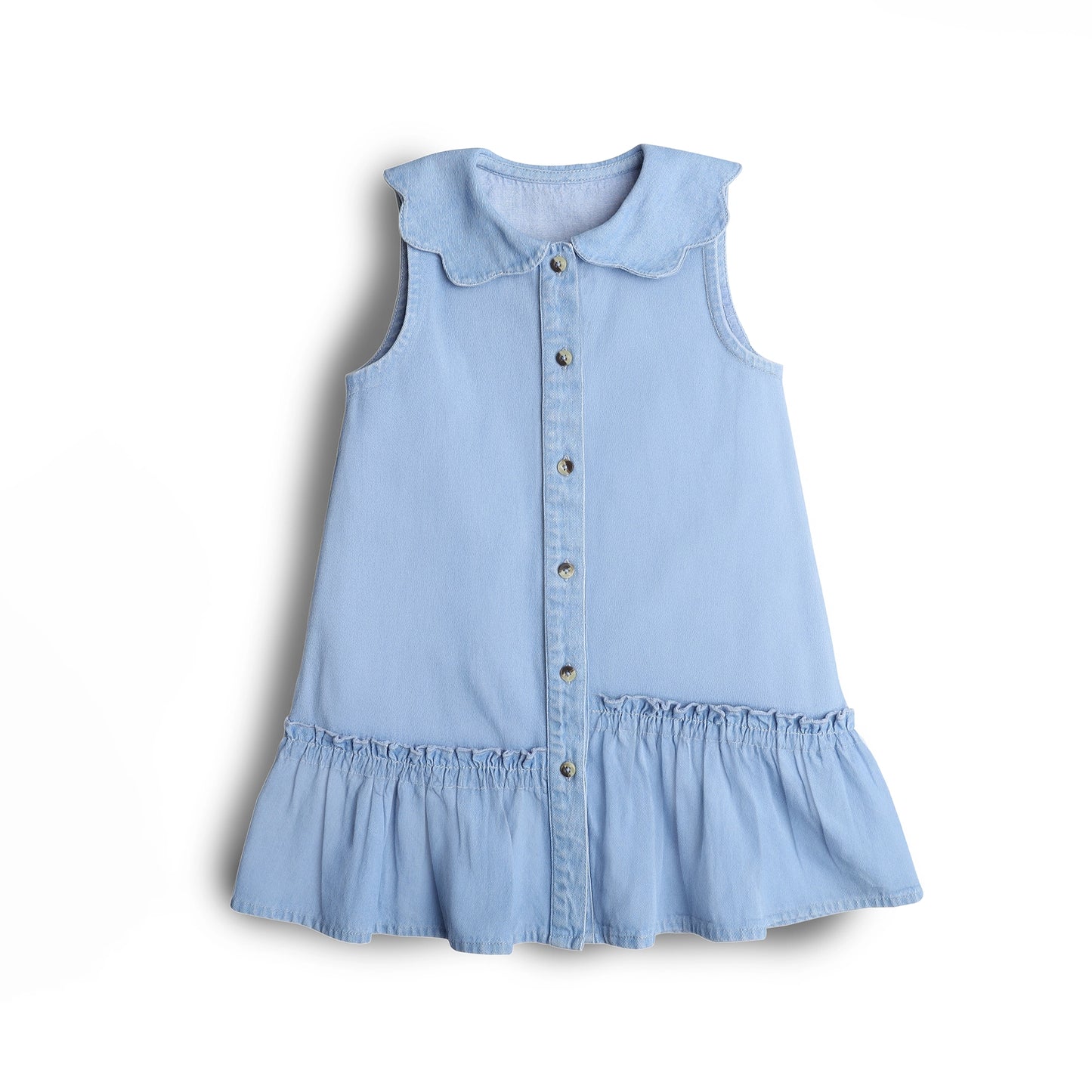 Light blue denim dress with buttons on a white background