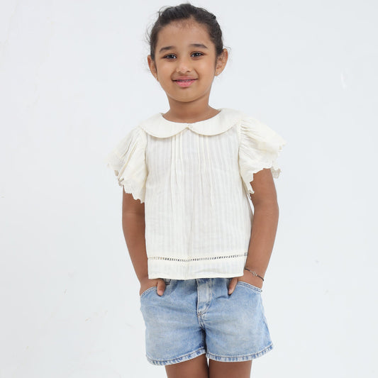 Girls cream flutter sleeve blouse with vintage lace trim – Alice by Erde, ages 2–6