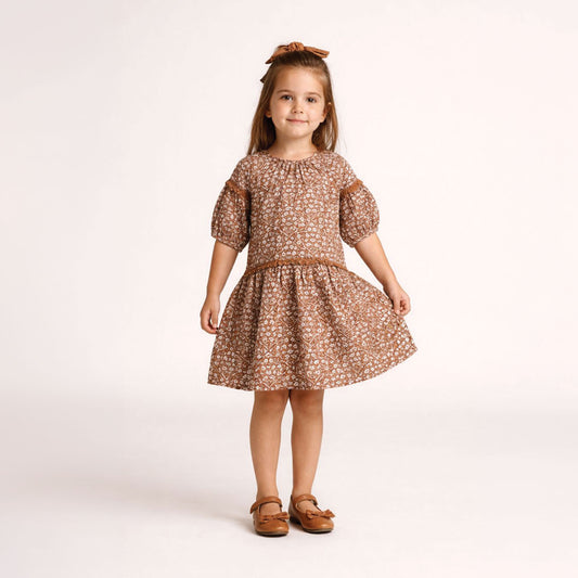 Girls winter floral boho dress in terracotta with puff sleeves and lace – Allana by Erde, ages 2–6