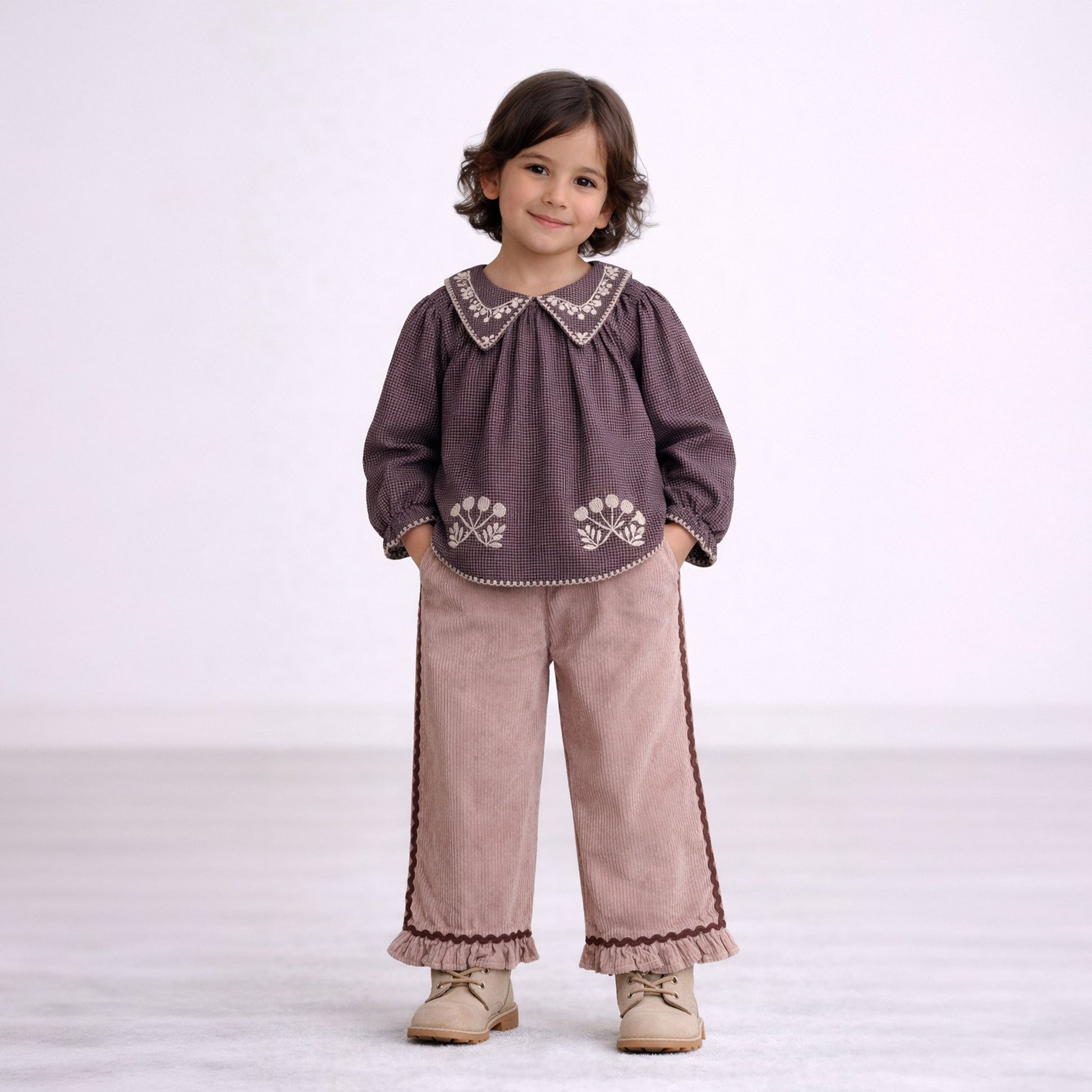 Girls soft corduroy boho frill trouser in honey peach – Ander by Erde, ages 1–6