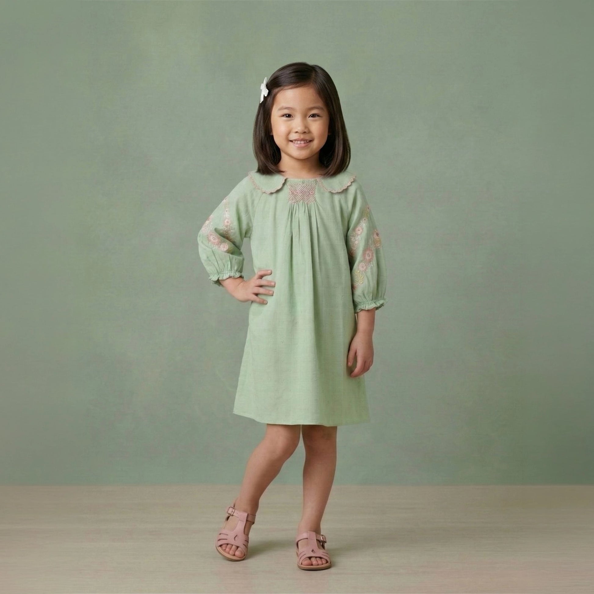 Girls Smocked Dobby Dress | Embroidered Sleeves