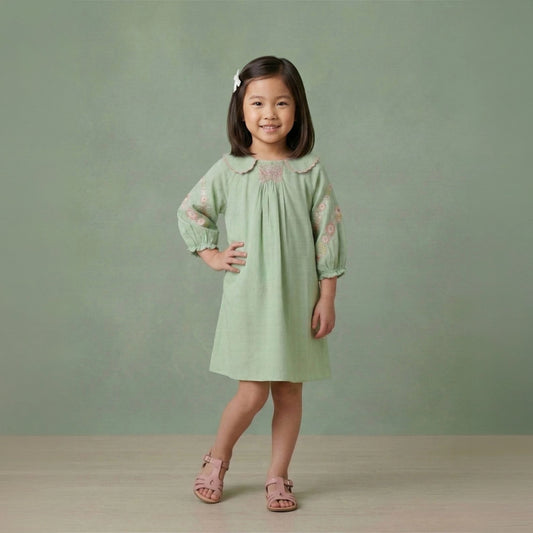 Girls handcrafted smocked cotton dobby dress with embroidered sleeves and scalloped Peter Pan collar – Andrea by Erde, ages 2–6