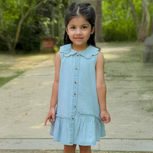 Girls ice-washed denim dress with handcrafted scalloped collar – Belle by Erde, ages 2–6