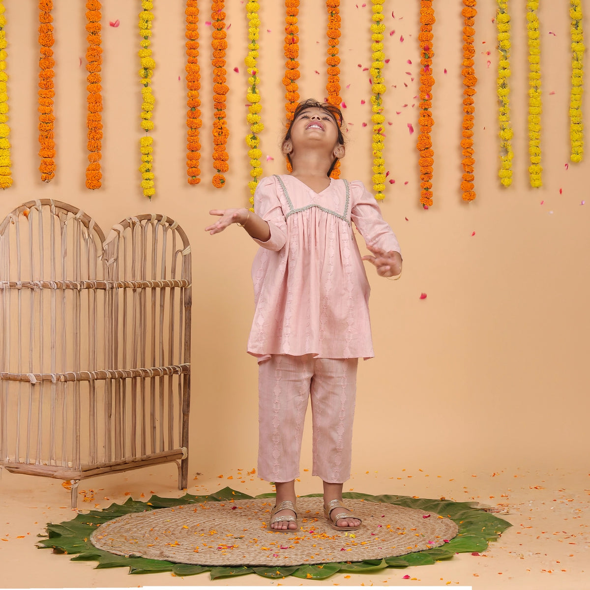 Girls peach festive cotton jacquard co-ord set with rose gold detail – Bright by Erde, ages 2–6