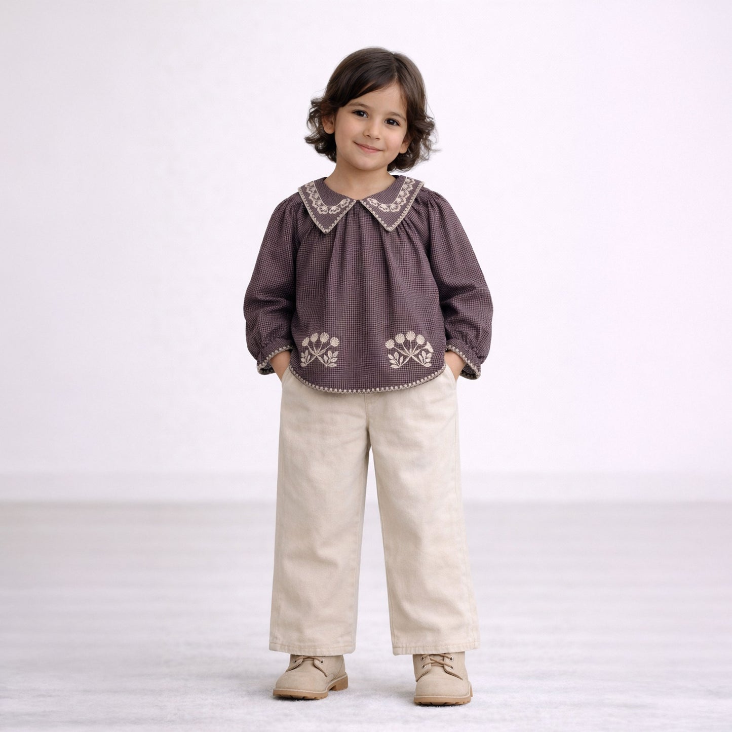 Girls brown cream gingham heritage cotton top with floral embroidery – Casey by Erde, ages 2–6