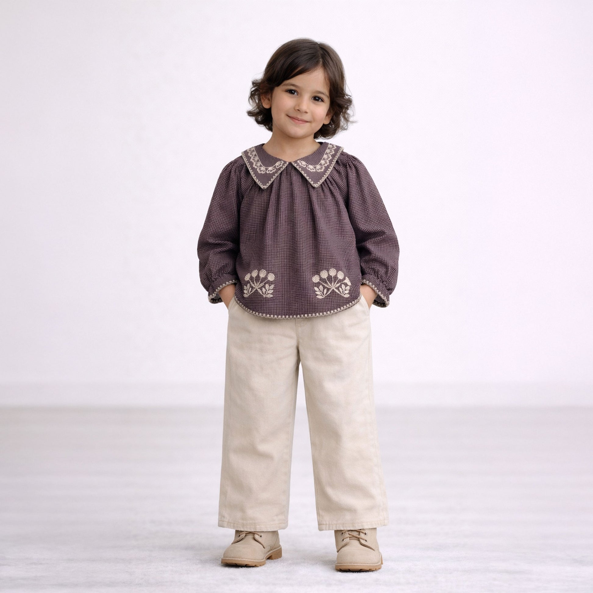 Girls brown cream gingham heritage cotton top with floral embroidery – Casey by Erde, ages 2–6