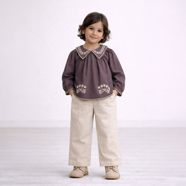 Girls brown cream gingham heritage cotton top with floral embroidery – Casey by Erde, ages 2–6
