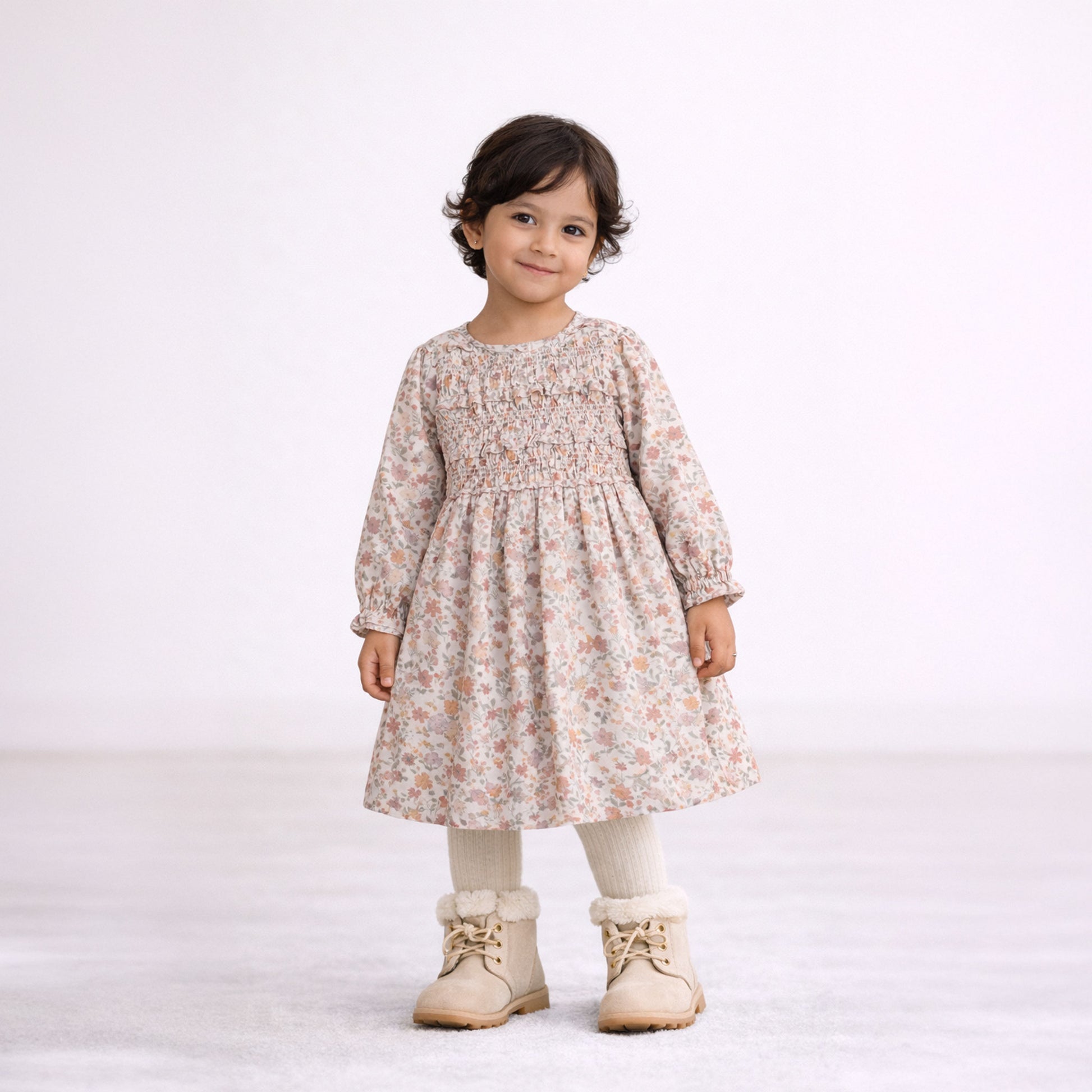 Girls vintage boho floral winter smocked dress with ruffled cuffs – Elias by Erde, ages 2–6