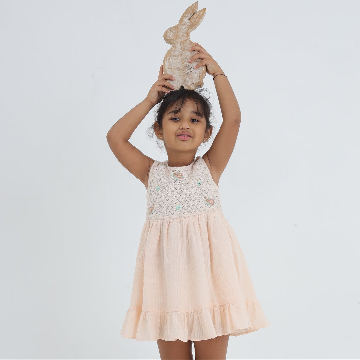 Girls peach sleeveless embroidered cotton dress with ruffled hem – Esme by Erde, ages 2–6