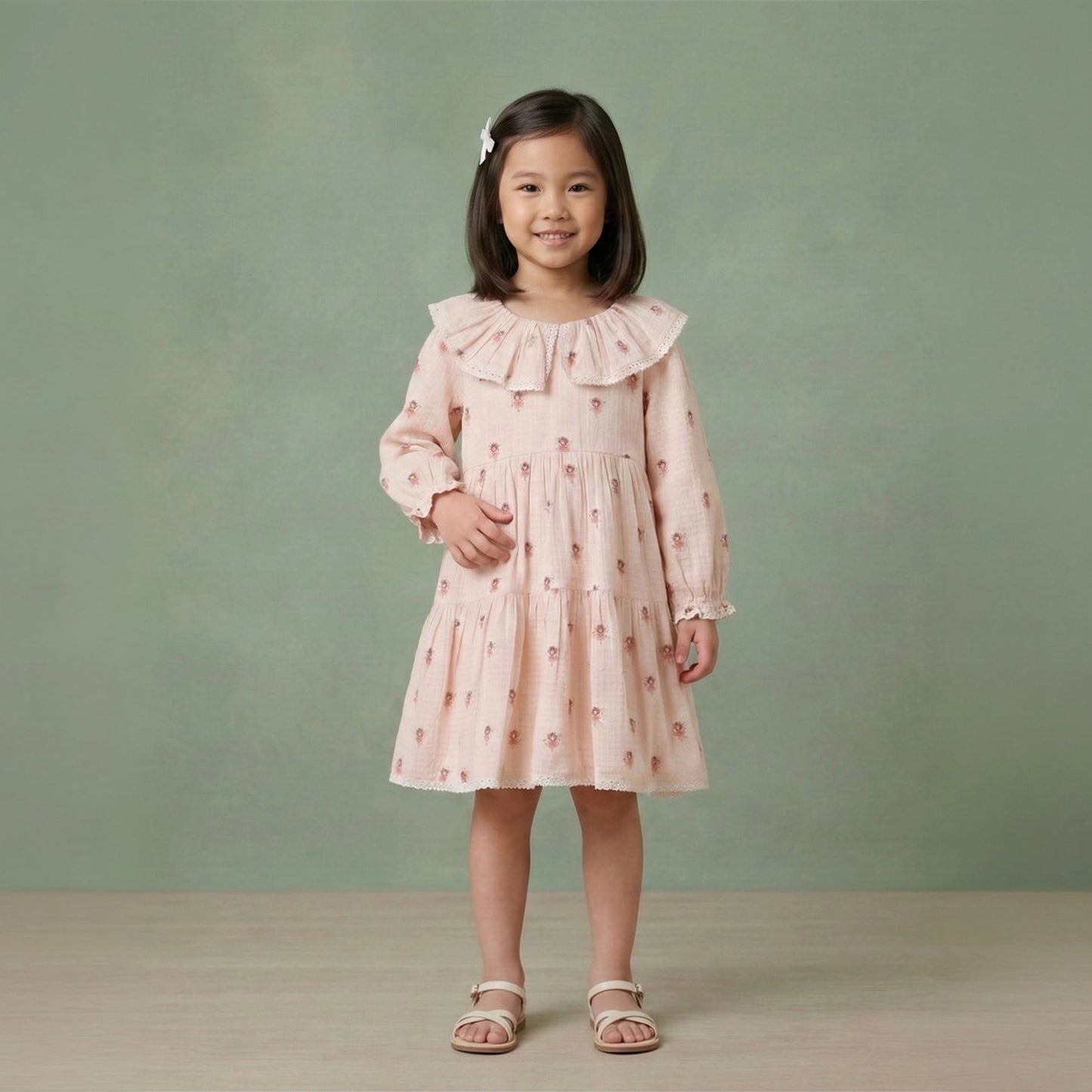 Girls fairy print cotton dobby dress with lace-trimmed ruffle collar and puff sleeves – Erde India, ages 2–6