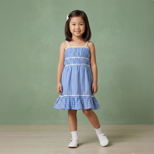 Girls blue striped smocked cotton seersucker dress with ric-rac trim – Jollie by Erde, ages 2–6
